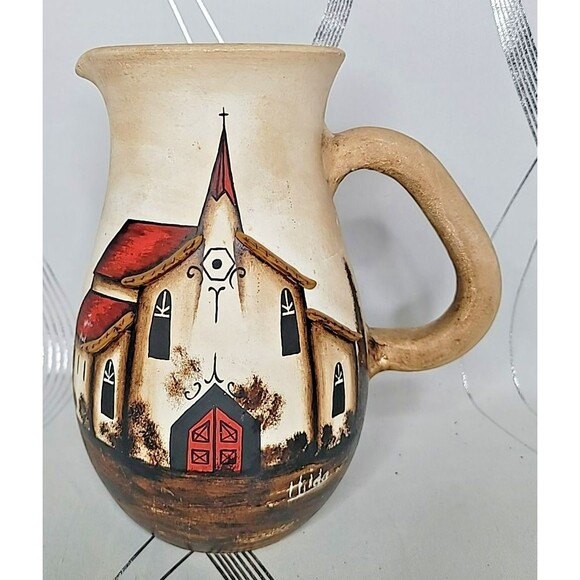 Hilda Artisan Ceramic Stoneware‎ Serveware Pitcher Religious Church Landscape - Picture 2 of 15